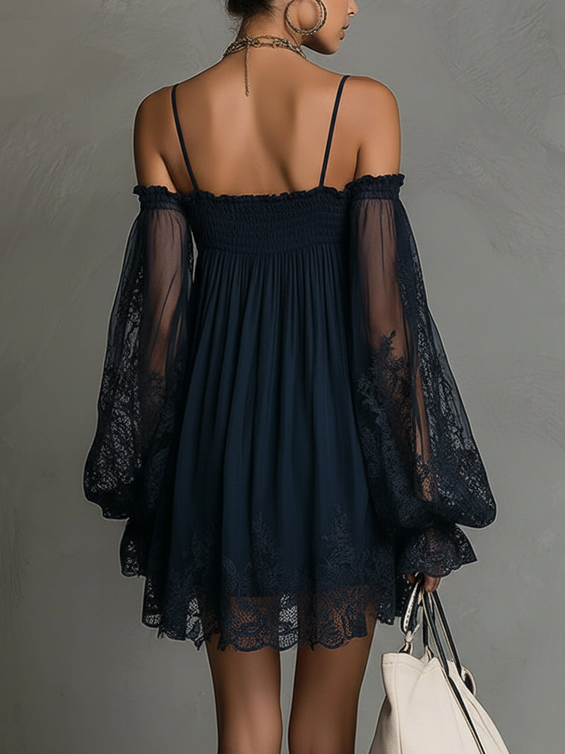 Невена | Тъмносиня мини рокля с дантела
