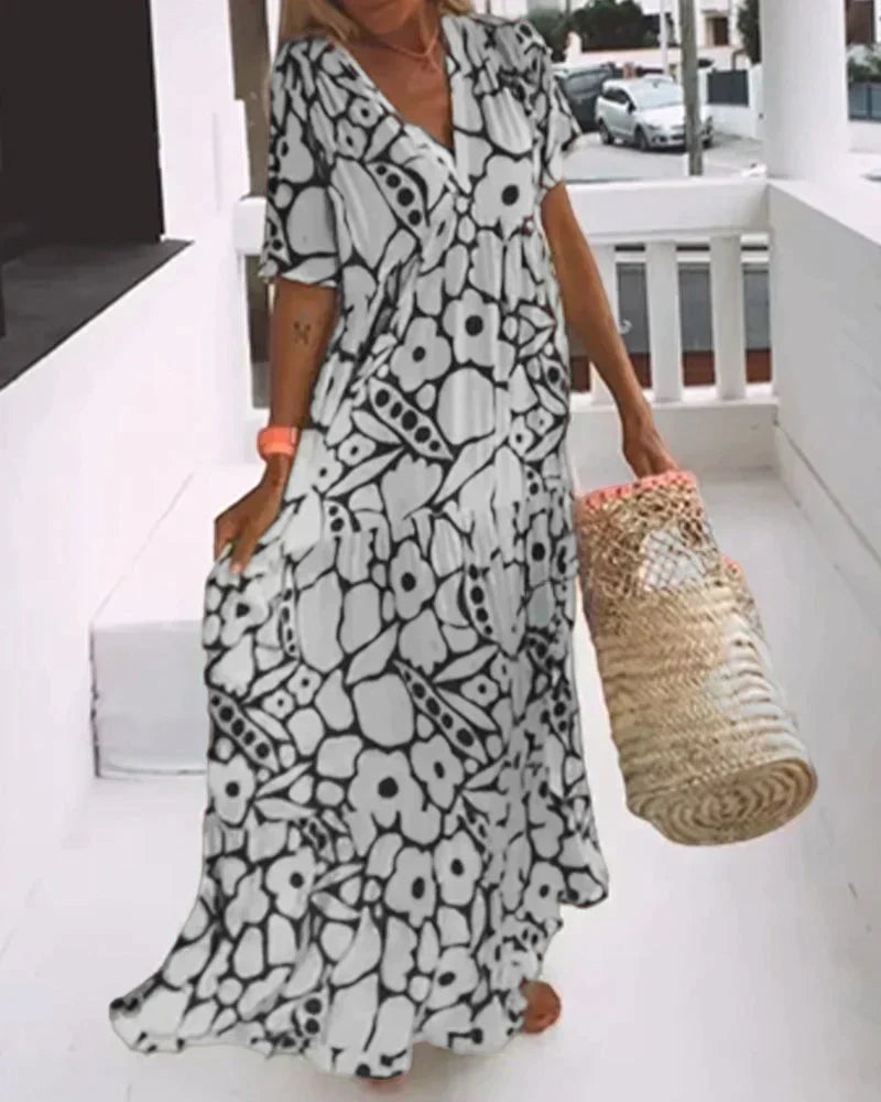 Теодора | Long Summer Dress with Flowing Cut and Elegant Graphic Pattern
