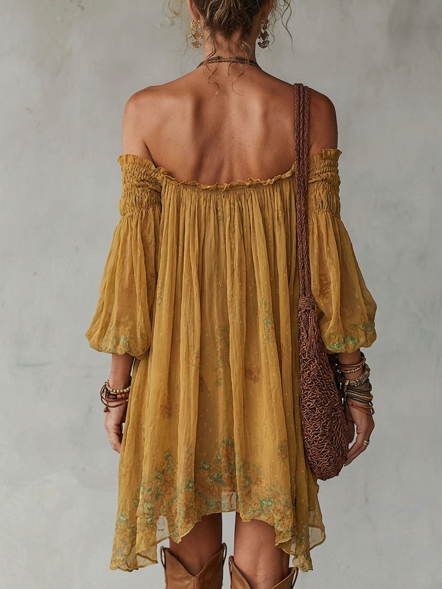 Михаела | Мини жълта рокля с цветя Off Shoulder