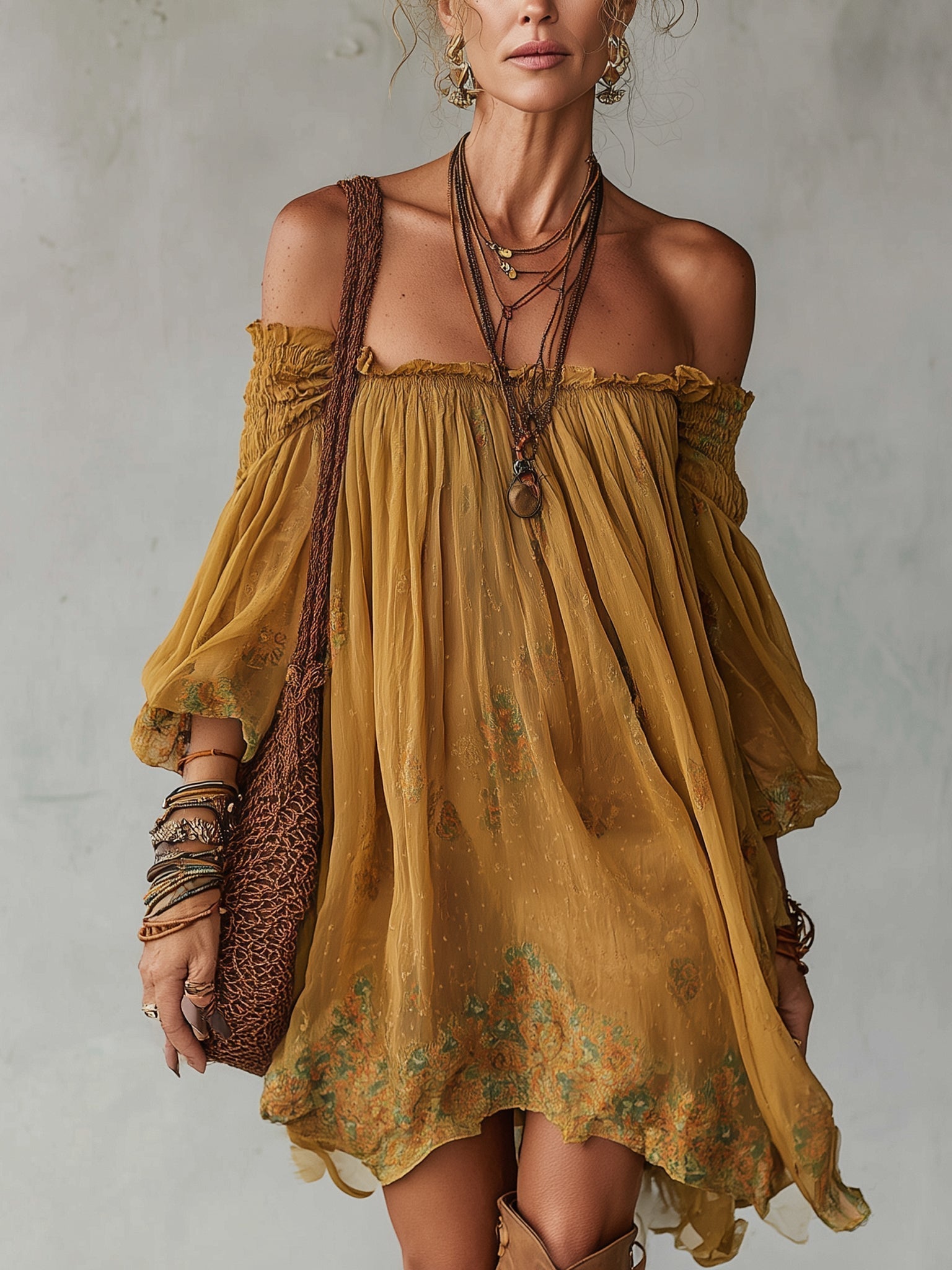 Михаела | Мини жълта рокля с цветя Off Shoulder