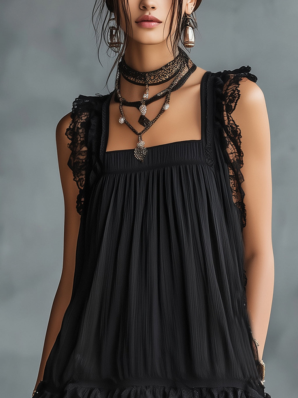 Моника | Мини прозрачна рокля с точки, волани и черна дантела